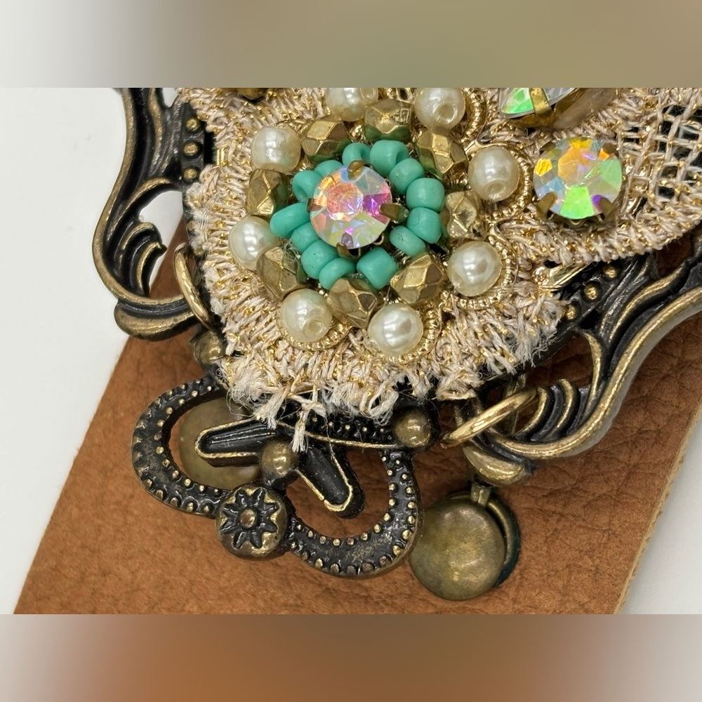 Faux Leather Brown Cuff Bracelet with Gemstone Accents and AB Crystals - Picture 4 of 8